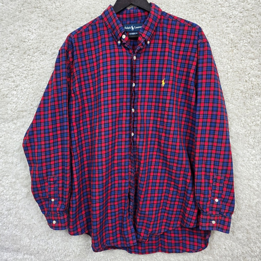 Ralph‎ Lauren Plaid Button Down Shirt Mens XL Red Blue Classic Fit Cotton
